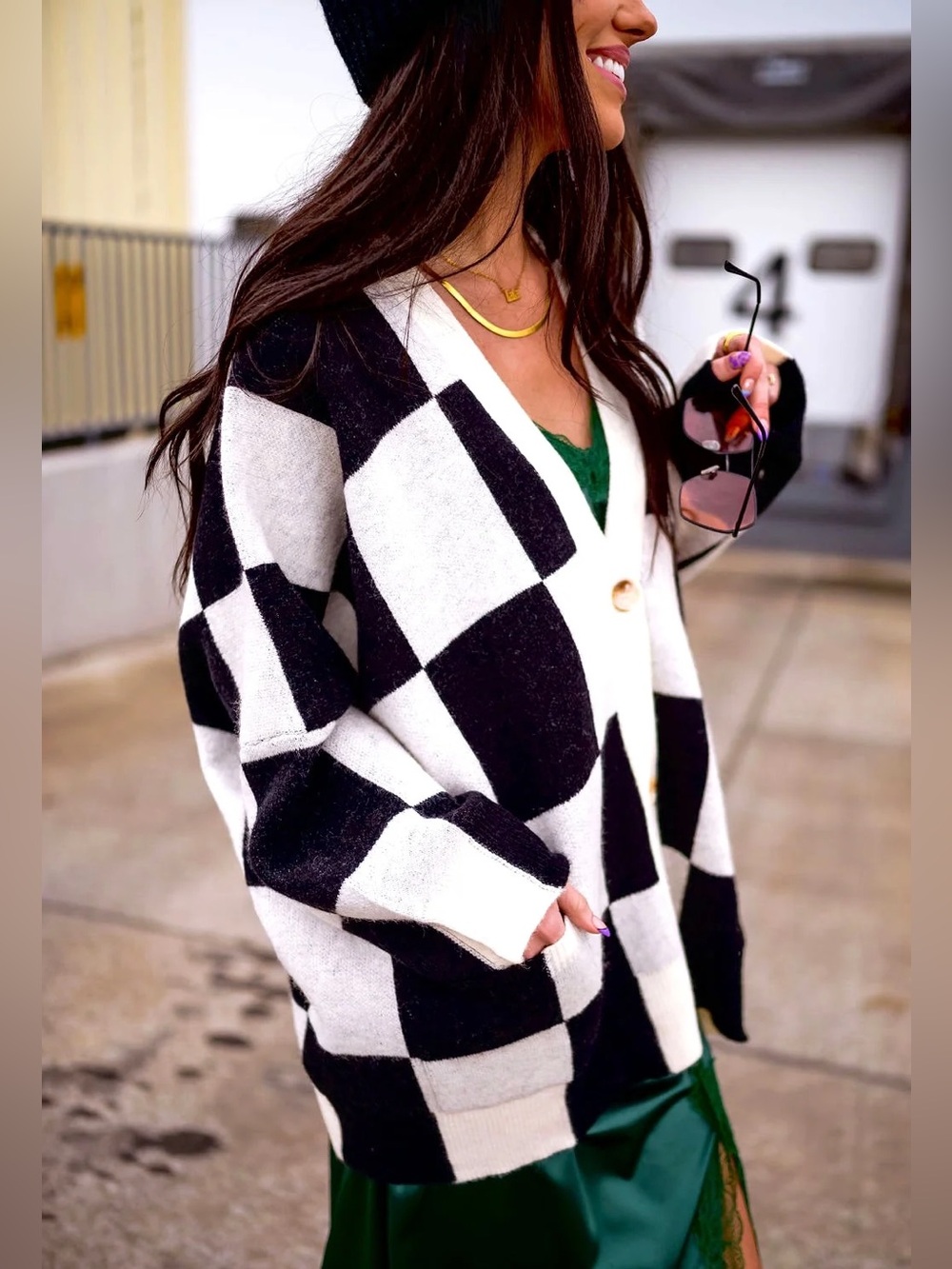 Love You Oversized Checkerboard Cardigan in Black + White